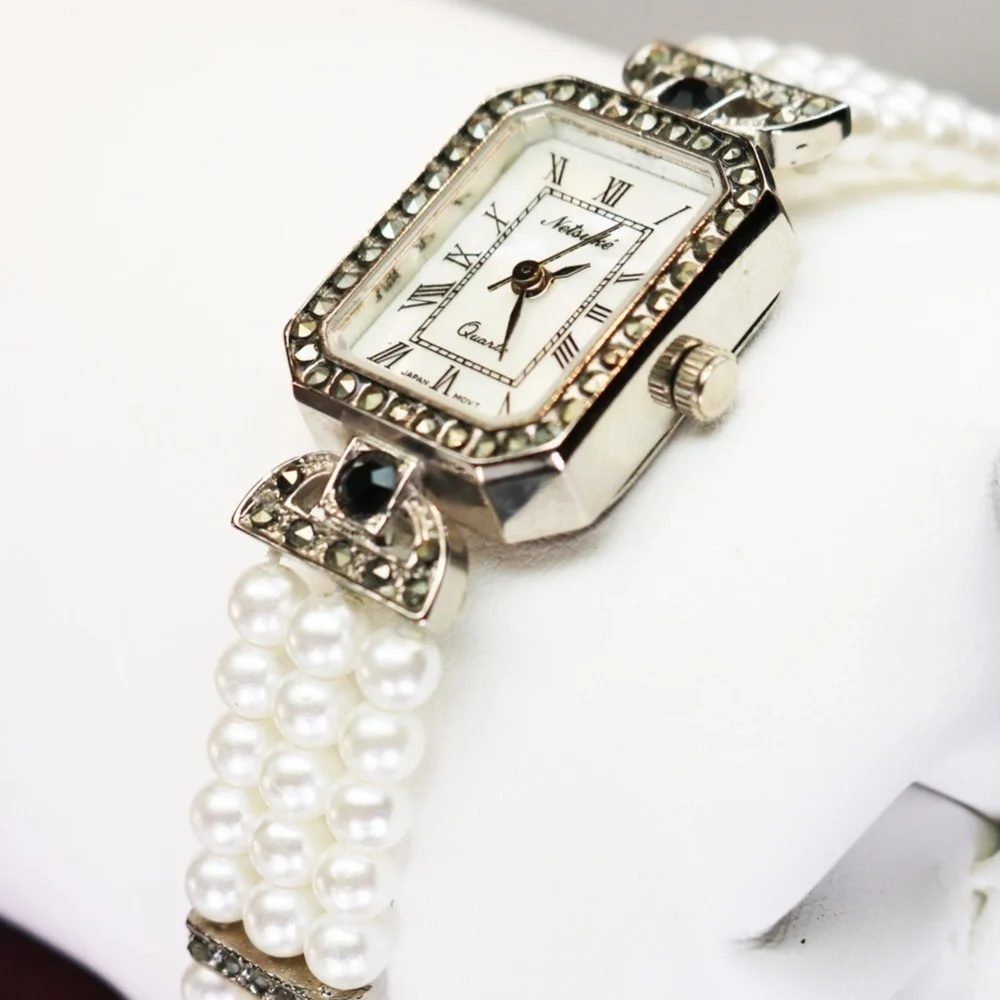 Elegant Vintage Netsuke Pearl & Marcasite Watch